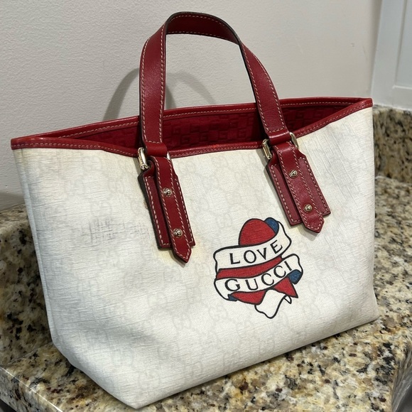 Gucci GG Plus Monogram Small Jolicoeur Tattoo Heart Tote Off White Red Sold Out - Picture 3 of 13